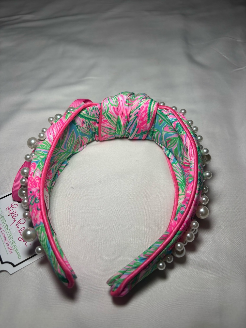 NWT Lilly Pulitzer Blue Horizon “Coming In Hot” Embellished Pearl Knot Headband - Picture 4 of 10